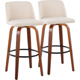 Toriano 30" Swivel Bar Stool in Walnut Wood & Cream Noise Fabric with Black Footrest (Set of 2)